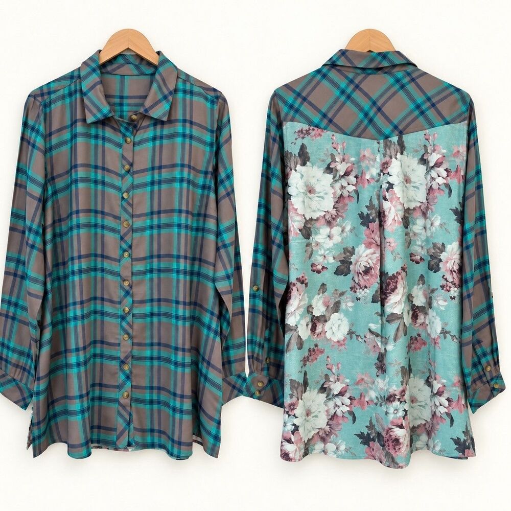 Tolani Teal Gray Plaid Floral Tunic Neicy Top Sz L Button Front Pockets Boho NWT